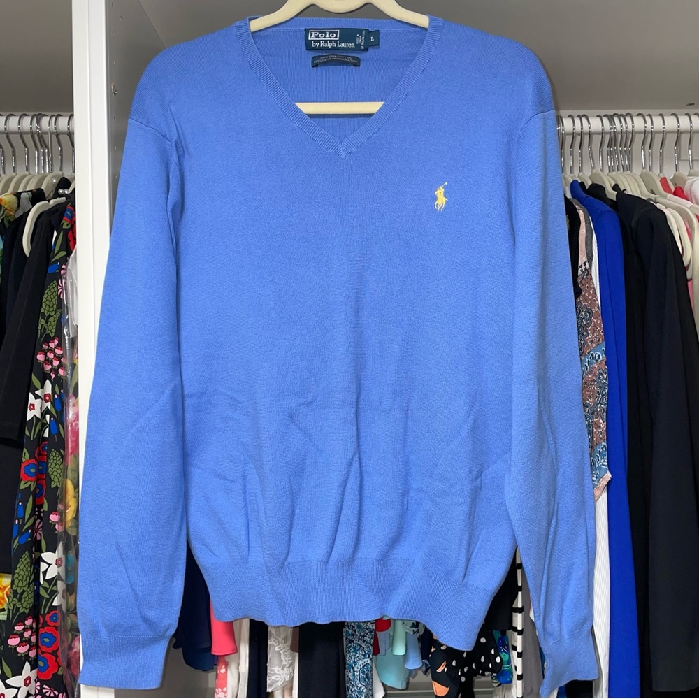 Polo Ralph Lauren V-neck Sweater Light Blue Cornflower Golf Preppy Yellow Logo